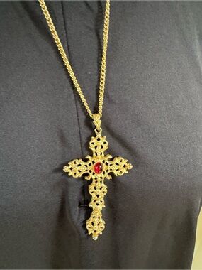 Vintage Avon Cross Necklace Gold Tone Enamel pendant with red stone